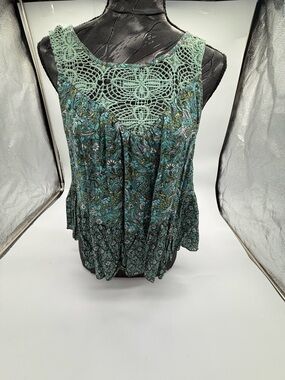 Y2K bohemian vintage Anna Sui Mint Crochet Yoke Floral Sleeveless Top